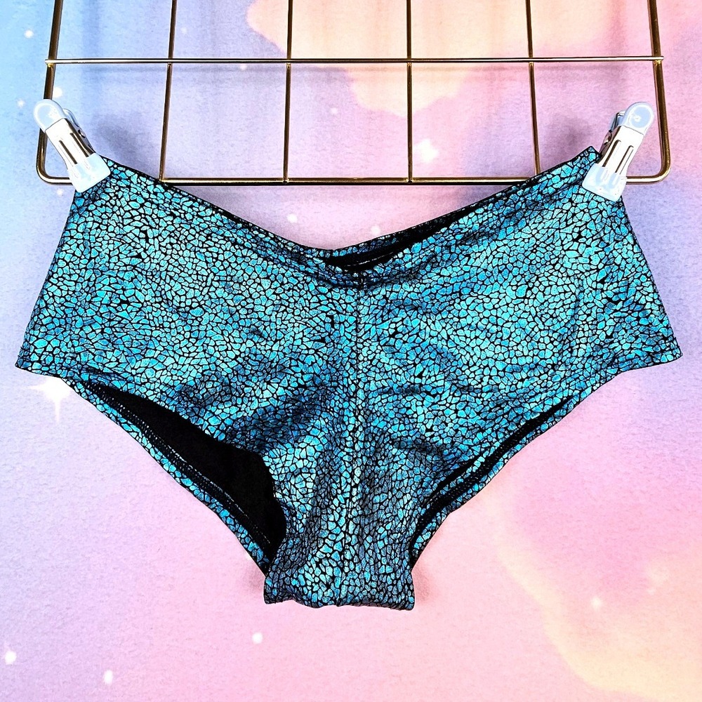 Rave Festival Pole Dance Bottoms Womens Small Turquoise Blue Metallic V-Front